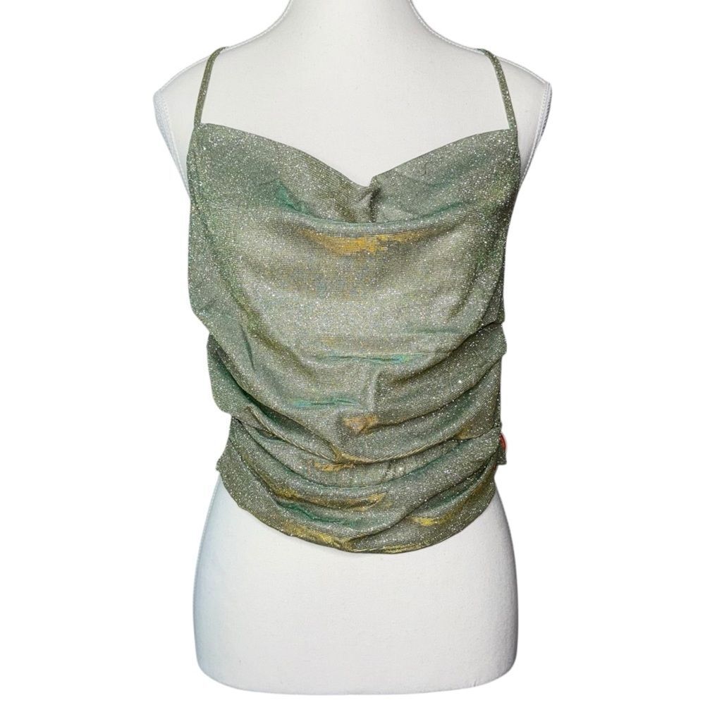 ▪️|NWT| CIDER ✨Glitter✨ Cowl Neck Halter Crop Top Green/Gold Shift